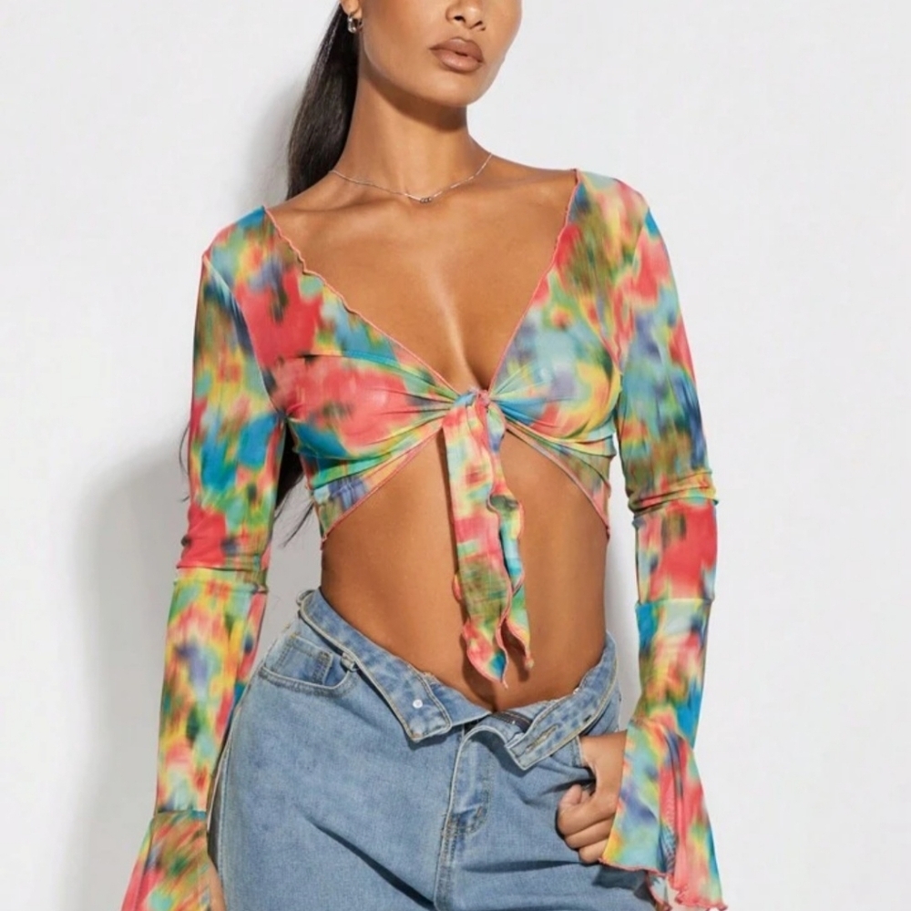 SHEIN BAE tye dye knot front lettuce trim flounce shirt S